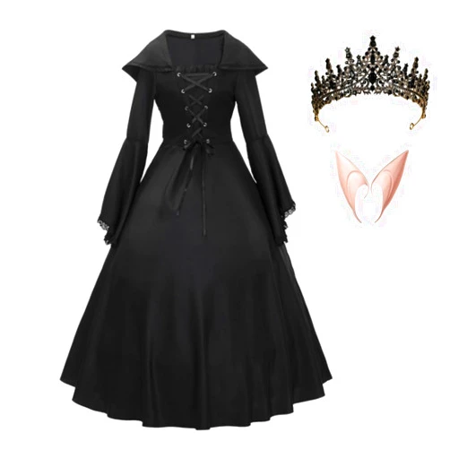 Volrath Medieval Renaissance Women's Black Lace flared sleeves retro waistband Hooded Dress