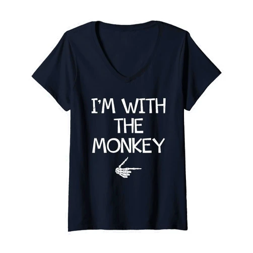 Funny Matching Family Costume Lazy Halloween Womens I'm With The Monkey Easy Halloween Costume Couples Matching V-Neck T-Shirt