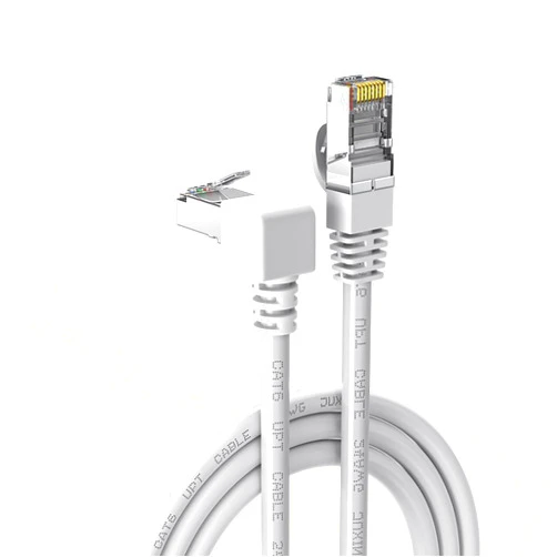JUXINICE 90 Degree Cat6 Ethernet Cable White Down/UP Right Angled CAT 6 Ethernet Patch Cables Gigabit Network Cord RJ45 90 Degree Adapter (Downward Angle, 10FT)