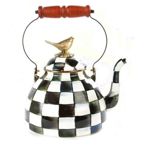 MACKENZIE-CHILDS Enamel Tea Kettle, Cute Kitchen Kettle for Stovetop, 3-Quart Capacity, Black-and-White Courtly Check with Bird Topper