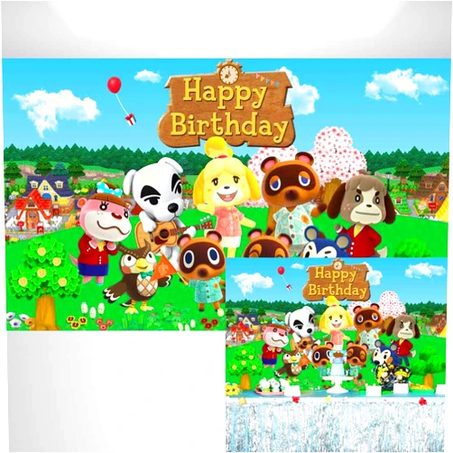 Ericbackdrop Animal Crossing Birthday Party Backdrop Supplies Video Game Theme Background for Cake Table Cartoon Banner 5x3 ft 4