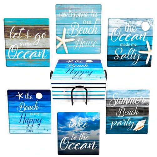 Whaline Coaster for Drinks Set of 6 Farmhouse Style Absorbent Square Coasters Summer Beach Drink Coaster Blue Ocean Party Ceramic Coaster for Mugs Cups Home Kitchen Party Supplies, 3.9 x 3.9 inch