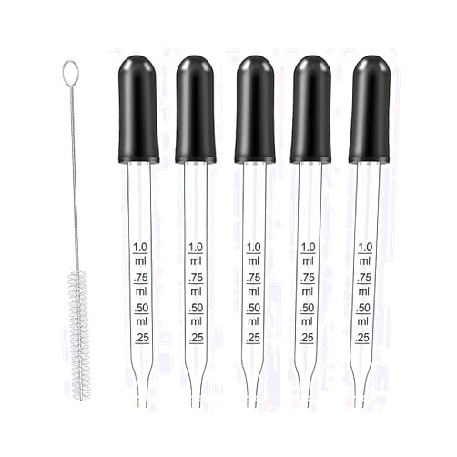 UpTuoLi Eye Dropper for Essential Oils, Pipettes Dropper with Black Rubber Head, Calibrated Thick Glass Medicine Dropping Pipettes, 1ml Dropper Measurer, Dropper for Liquids, Straight-Tip, Bent-Tip, 5 Packs