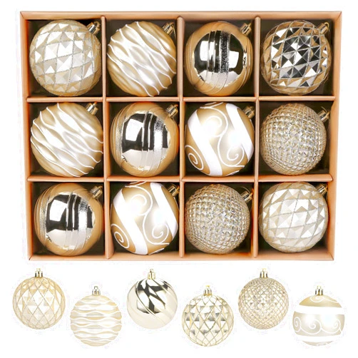 SHareconn 80mm Christmas Baubles,12PCS Colored Shatterproof Plastic Decorative Hanging Tree Decorations Baubles Set for Xmas Tree Decor Holiday Party Wedding Decoration with Lanyard,Gold & White