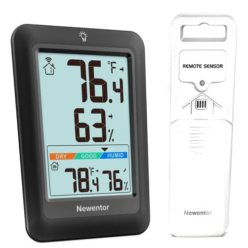 Newentor Indoor Outdoor Thermometer Wireless, Remote Temperature Monitor Hygrometer, Outside Inside Thermometers with Comfort Indicator, 4 Inch Screen Humidity Gauge, 328ft Range for Home Patio, Black