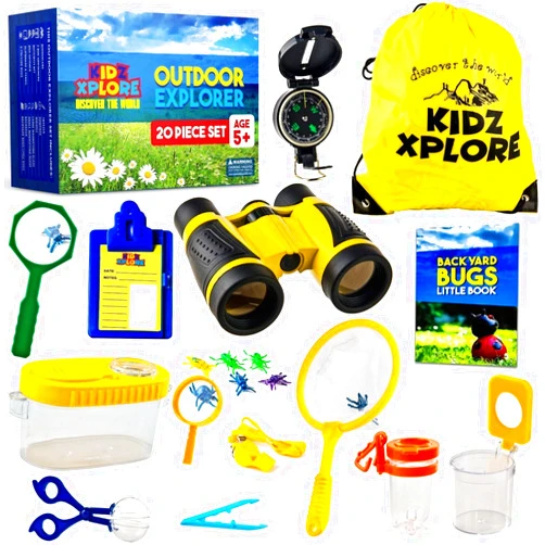Kidz Xplore Outdoor Explorer Set - Bug Catching Kit Nature Exploration Children Outdoor Games Mini Binoculars Kids, Compass, Whistle, Magnifying Glass, Adventure, Hunting, Hiking Educational Toy
