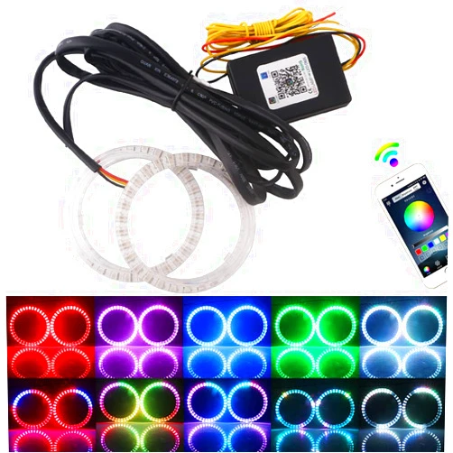 YM E-Bright EverBrightt 1 Set 80MM Angel Eyes Multi-Color RGB LED Halo Rings Lights for Car Lamp Daytime Running Light 5050 Chips Circle Ring with Mobile Phone App Bluetooth Control DC 12V