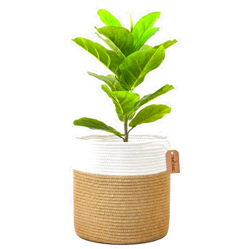 TIMEYARD Jute Rope Plant Basket Large Modern Woven Basket for 11'' Flower Pot Floor Indoor Planters, 12''x12'' Storage Baskets Rustic Home Decor White and Jute