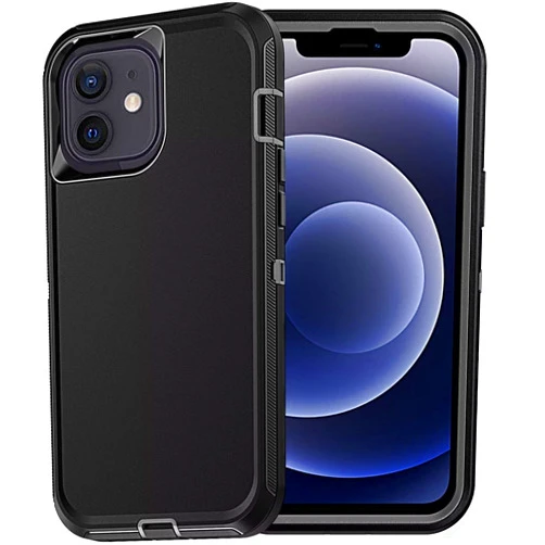 YmhxcY iPhone 12 Case & Pro, Shockproof, 3-Layer, Dust-Proof, Heavy Duty Protection, Black & Grey