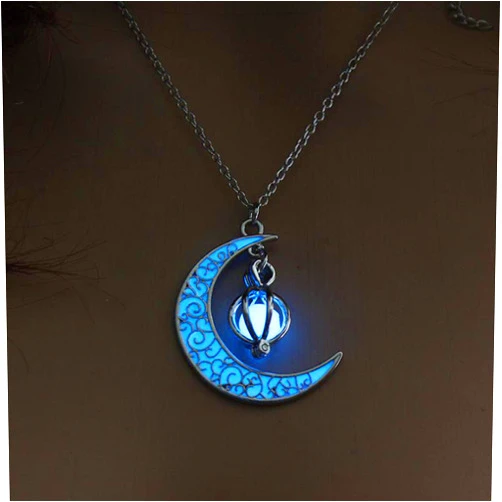 EEQQBZ Glow in The Dark Silver Crescent Moon and Orb Necklace - Glowing Blue Moon Charm - Magical Fantasy Fairy Glowing Necklace - Glow Jewelry (sky blue)