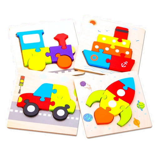 SKYFIELD Wooden Vehicle Toddler Puzzles for 1 2 3 Years Old Boys & Girls, Baby STEM Educational Toy Gift with 4 Vehicles Montessori Learning Puzzles, Bright Vibrant Color Shapes