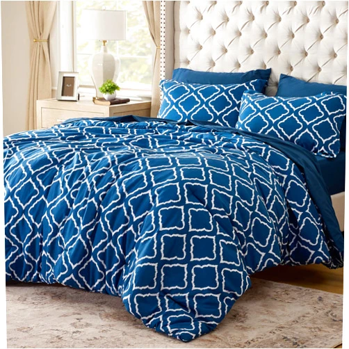 Bedsure Queen Comforter Set 7 Pieces - Navy Blue Quatrefoil Comforters Queen Size, Lightweight Bedding Sets for All Season, Bed in a Bag with Comforters, Sheets, Pillowcases & Shams