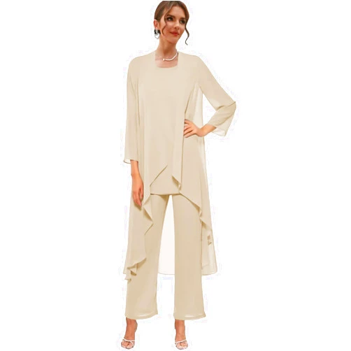 Zoghoo 3 Pieces Mother of The Bride Dresses with Jacket Chiffon Pant Suits Set for Wedding Formal Evening Gown