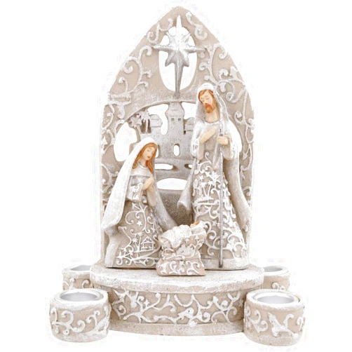 Roman Holy Family Ivory Lace Nativity Scene 7 Inch Resin Dolomite Advent Candle Holder