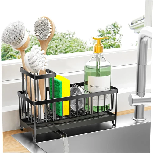 Cisily Sponge Holder for Kitchen Sink, Sink Caddy with High Brush Holder, Kitchen Sink Organizer Countertop Rustproof 304 Stainless Steel , Soap Dispenser Kitchen Organizers and Storage Essentials