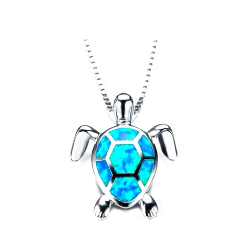 WEILYDF Cute Turtle Pendant Necklace Lovely Animals White Created Fire Opal Silver Chain Necklace Jewellery Gifts (Blue)