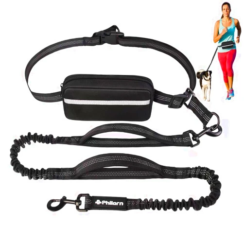 Philorn Hands Free Dog Leash with Pouch, Adjustable Waist Leash for Dog Walking, Running Leash for Medium Large dogs, Waist Dog Leash with Dual Handles and Durable Bungee for Jogging Hiking (Black)