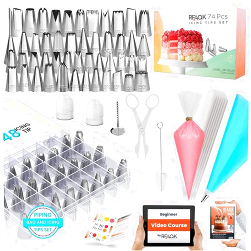RFAQK 74 PCs Icing Piping Bags and Tips Set, Cake Decorating Kit with 48-Numbered Piping Tips, 20+1 Pastry Bags for Cookie Cupcake Cake Decoration, Cake Decorating Tips Set with Booklet and E-book
