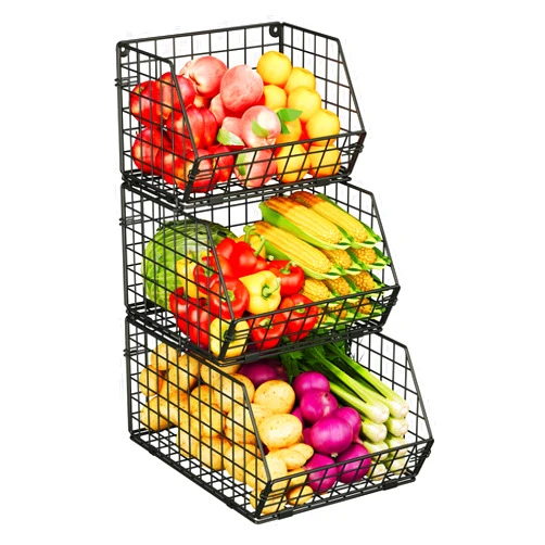 X-cosrack 3-Tier Stackable Wire Baskets for Pantry Organization and Storage, Kitchen Counter Basket for Potato Onion Storage, Fruit and Vegetable Storage Basket, Metal Baskets for Snack Produce Cans