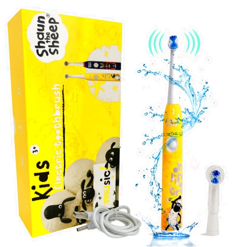 SAIPOTOYS Kids Electric Toothbrush with Timer,Shaun The Sheep Kids Electric Toothbrush w/Sensitive Brush Head,Built in 2-min Auto-Timer,IPX7 Waterproof, Automatic Toothbrush for Kids 3+ (Yellow)