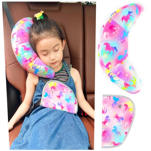 FIODAY Seat Belt Cover Pad and Seatbelt Adjuster for Kids, Car Seat Strap Cover Cushion Seat Belt Adjuster Head Neck Support Travel Car Pillow for Toddler Children,Colorful