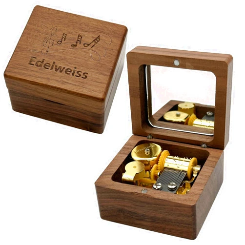 Pursuestar Edelweiss Luxury Walnut Wood Music Box, Vintage Wooden Carved Mechanism Wind Up Musical Box with Mirror for Birthday Christmas Wedding Valentine's Day