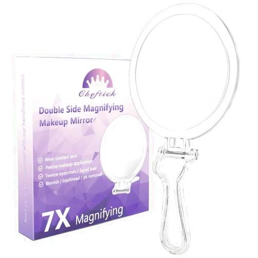 Cheftick Double Sided Hand Held Mirror - 1X & 7X Magnifying Handheld Makeup Mirror with Adjustable Folding Handle, Portable, Transparent & Round (6