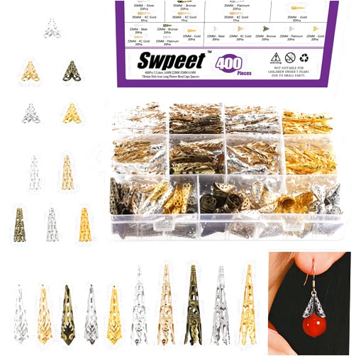 Swpeet 400Pcs 5 Colors 16mm 22mm 35mm 41mm Iron Long Flower Bead Caps Spacers Assortment Kit, Tibetan Style Metal Cones Bead End Caps Hollow Flower Petal Spacer Beads for Jewelry Making