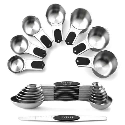 Spring Chef Magnetic Measuring Cups & Spoons Set (Patent Pending), Strong N45 Magnets, Heavy Duty Stainless Steel Fits in Spice Jars for Baking & Cooking, BPA Free, Round Set of 15 with Leveler, Black