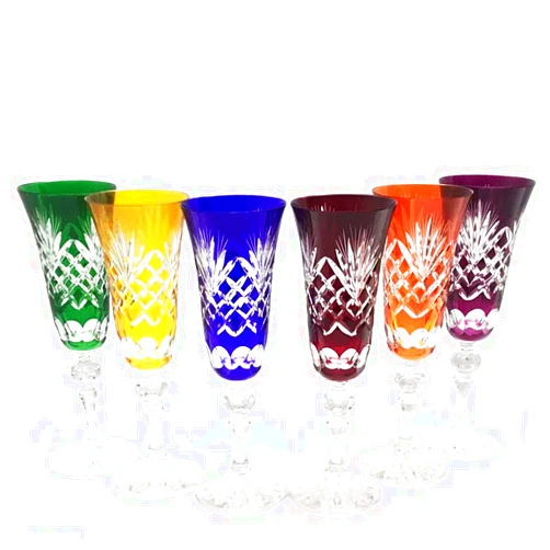 KLEIN 54120 BACCARAT FRANCE 6 Flutes Colored Glasses for Champagne Crystal - 6 Colors Assortments - Roemer Service Roméo (17 cl) - Klein House - Company : Artisan du Cristal - Gift Set - Stamped : Klein 54120 Baccarat France