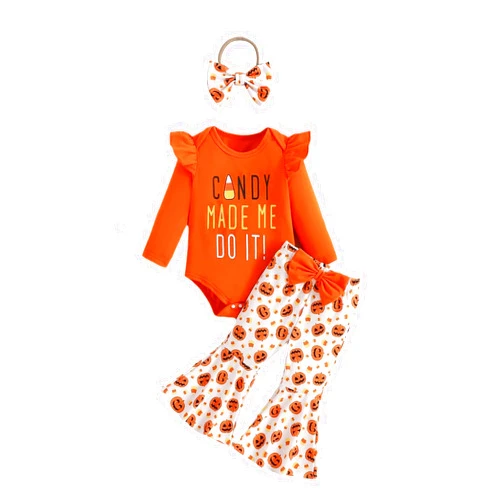 Adokioths Newborn Baby Girl Halloween Outfit Cutest Pumpkin Romper and Bell Bottoms Pants Set with Headband Clothes