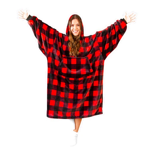 CARSTENS, INC. Premium Wearable Hooded Blanket Hoodie w/Pocket & Sleeves, Adult Men & Women, Red Buffalo Plaid