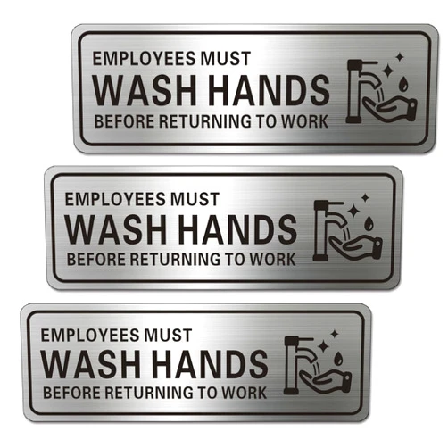 LEMBANG Metal Stainless Steel Employees Must Wash Hands Before Returning to Work Sign, With Self Adhesive,9in x 3in (3pcs)