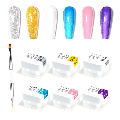 Fiskya Gel Nail Polish Set Glitter Chrome Pearl 6 Colors Soak Off UV LED Gel Polish Nail Art DIY Home Manicure with Double Ended Brush