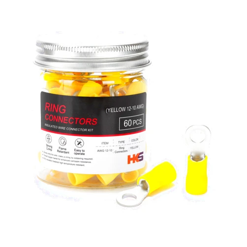 HKS 60PCS Insulated Ring Terminal #10 Yellow 12-10 AWG - M5 - Tinned Red Copper - Electrical Wire Connector Kit Crimp PVC