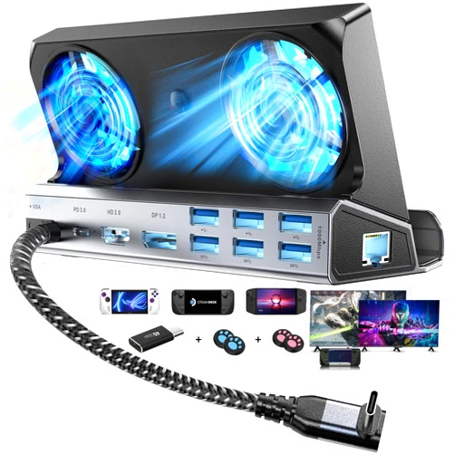 ChampSun Dual Cooling Fans Multi Monitor 14 in 1 Steam Deck Docking Station with 4K@60 Hz,DP1.2,VGA 1080P 6 USB A,1000Mbps,Type C 100W PD, 40Gbps Adapter for Steam Deck/Rog Ally/Switch/Legion Go