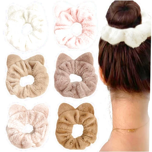 Jaczora 6 PACK Soft Plush Cat Ear Hair Ties, Hair Scrunchies Cat Ear Hair Bands Cute Kawaii Elastic Scrunchies for Girls and Women, Scrunchy Hair Tie Ponytail Holder Cat Ear Scrunchies