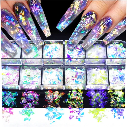 HREJHDS 12 Grids Holographic Nail Art Glitter Sequins Iridescent Shinning Nail Glitter Flakes Irregular Colorful Nail Glitter Laser Nail Flakes Sticker for Women Acrylic Nails Make-up Nail Art Decorations