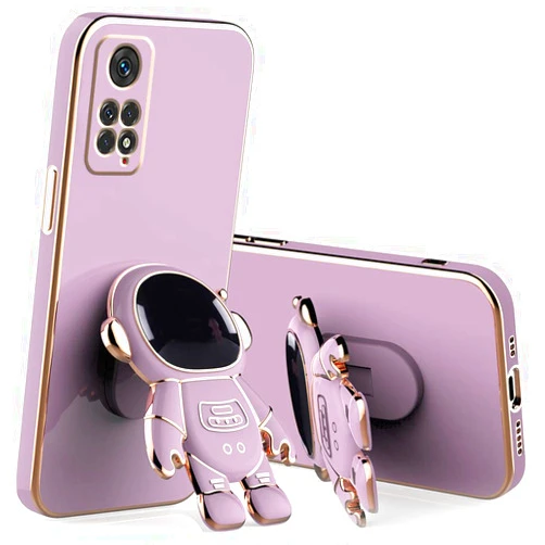 Wousunly Compatible with Redmi Note 11 Pro Case with Plating Creative Astronaut Cartoon Holder Pink,Xiaomi Redmi Note 11 Pro Phone Case Silicone Shockproof Stand Soft TPU Protective Slim Cover (Purple)