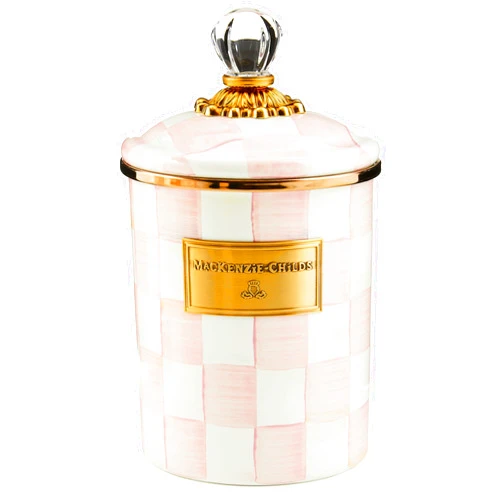 MACKENZIE-CHILDS Rosy Check Enamel Canister, Pink-and-White Kitchen Storage Container with Lid, Medium