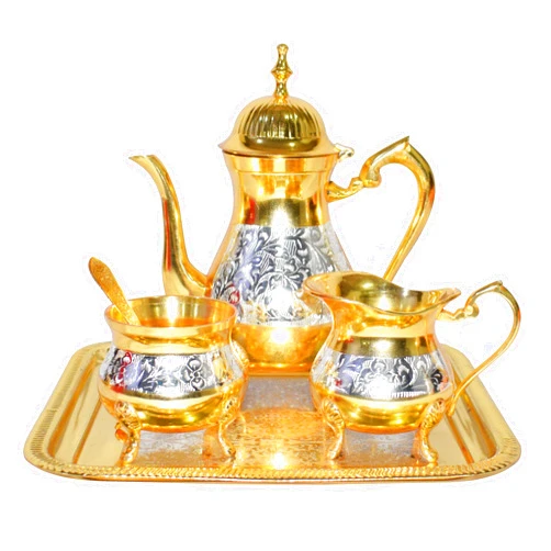 Dflounz Diwali Gift/Chritmas Gift/Chritmas Sale Set Premium Antique Mughal Style Brass Gold and Silver Tea Coffee Set..Modern and Traditional Home Decor Themes|