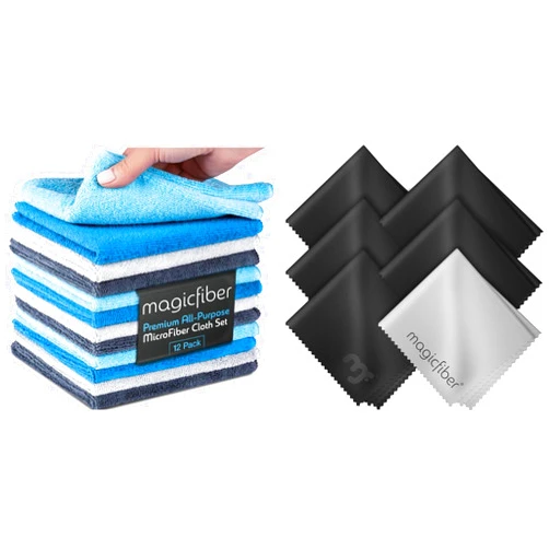 MagicFiber 18 PK Microfiber Cleaning - 12 Household Microfiber Cleaning Cloths + 6 Glasses Microfiber Cleaning Cloths - Premium Kitchen Cleaning Towels and Glasses Wipes