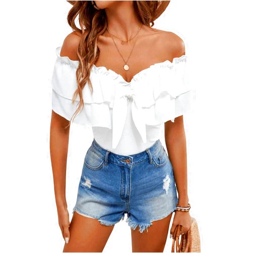 WDIRARA Women's Off The Shoulder Layered Ruffle Trim Short Sleeve Top Tie Front Frill Trim Blouse