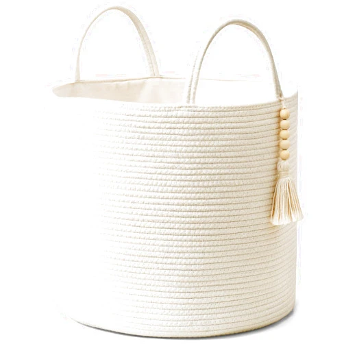 Mkono Woven Storage Basket Decorative Natural Rope Basket Wooden Bead Decoration for Blankets,Toys,Clothes,Shoes,Plant Organizer Bin with Handles Living Room Home Decor, White, 16