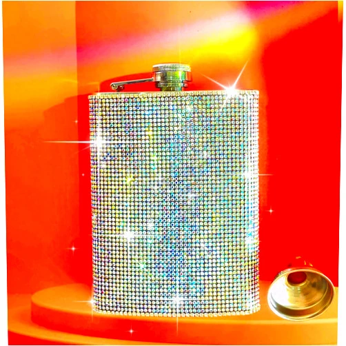 LuckyMao Silver Drinking Flask Silver Glitter Hip Flask Silver Sparkle Whiskey Flask with Cap Bling Rhinestone Pocket Hip Flask 8OZ