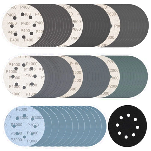 Rvetol 140 Pcs 5 Inch Wet Dry Sanding Discs Hook and Loop 8 Holes Sandpaper 400/600/800/1000/1500/2000/3000 Assortment Grits with Interface Pad for Orbital Sander Automotive Wood Plastic Metal Polishing