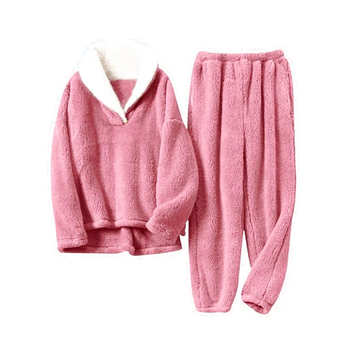 Hooever Women's Fluzzy Sherpa Fleece Pajamas Warm Pullover Lapel Sleepwear Sets