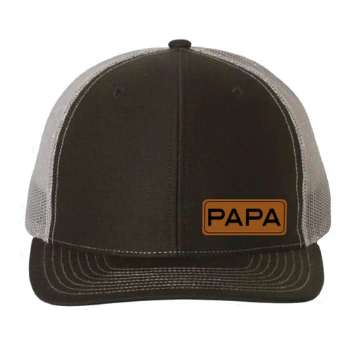 Handmade PAPA Vegan Leather Patch Cap, Richardson 112, Richardson Hat, Dad Hat, Dad Gift, Dad Birthday Gift, Richardson Cap (Black Charcoal)