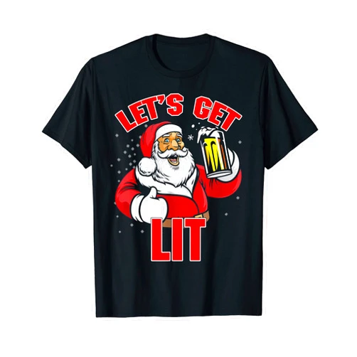 Let's Get Lit Drinking Beer Santa Hat Christmas Lights T-Shirt