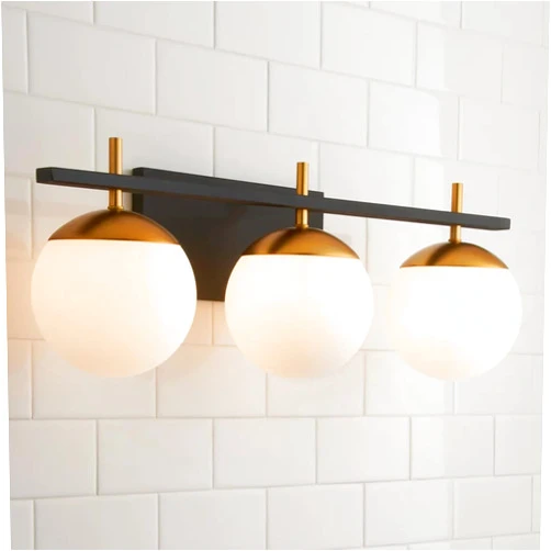 LOCLGPM 3 Light Bathroom Light Fixtures, Black and Gold Bathroom Vanity Light, Mid Century Bathroom Light Over Mirror with White Glass Globe Shade,Wall Sconces for Stairs, Kitchen